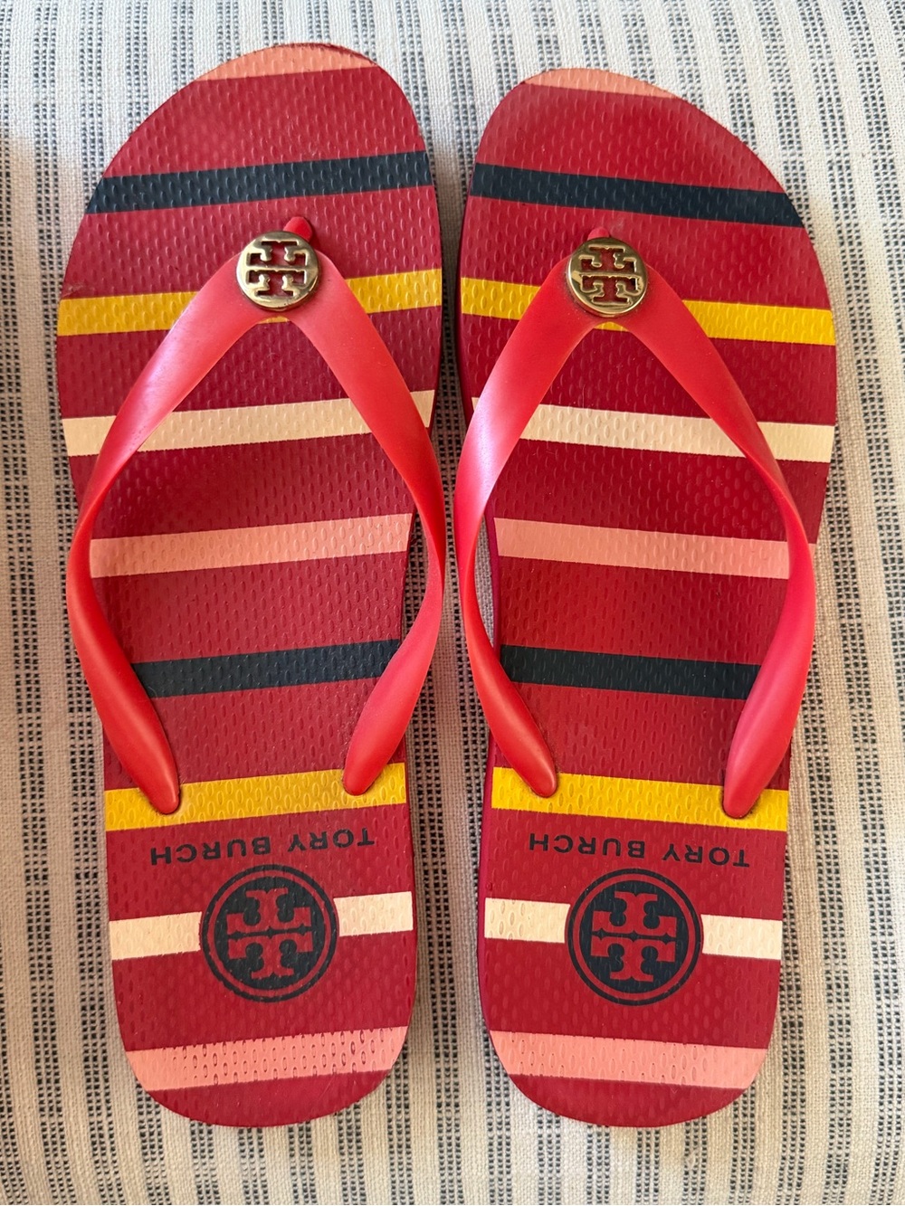 Tory Burch Red Striped Logo Flip Flops